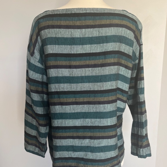 Eileen Fisher Cross-Dyed Organic‎ Linen Top Striped Teal Multi Box Tee Blouse - Picture 6 of 11